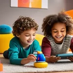 스마트 완구와 데이터 프라이버시 - **Prompt:** A whimsical, brightly lit scene in a modern child's playroom. A diverse group of three c...