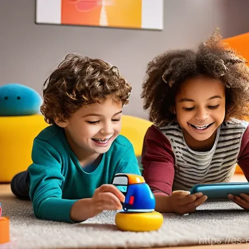 스마트 완구와 데이터 프라이버시 - **Prompt:** A whimsical, brightly lit scene in a modern child's playroom. A diverse group of three c...