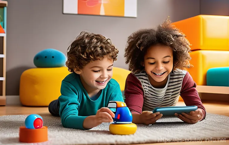 스마트 완구와 데이터 프라이버시 - **Prompt:** A whimsical, brightly lit scene in a modern child's playroom. A diverse group of three c...