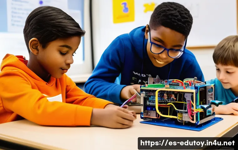 교육완구의 최신 트렌드 - **STEAM Robotics and Collaborative Learning**
    A group of four diverse children, including boys a...