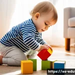 교육완구 온라인 구매 가이드 - A cheerful toddler wearing a colorful diaper playing with large, safe wooden building blocks in a br...