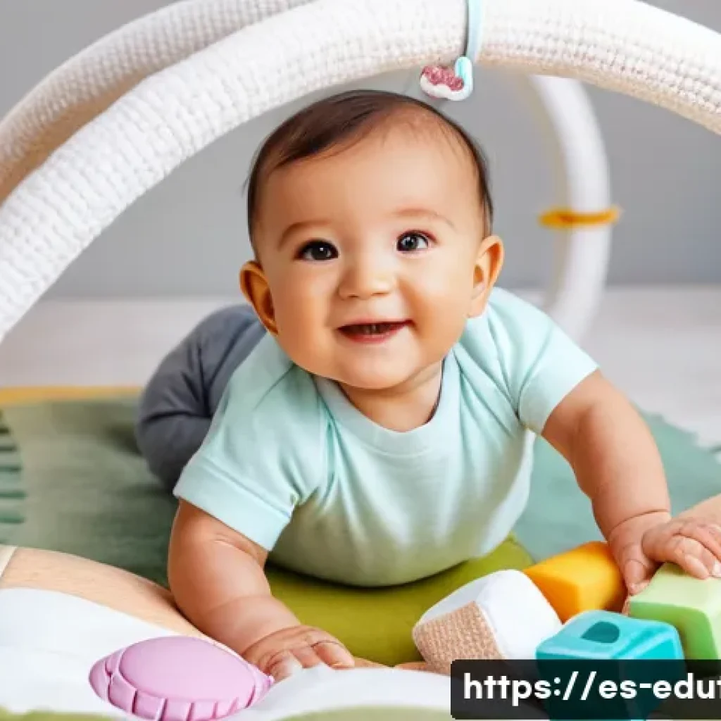 어린이 연령별 추천 학습 완구 - A cozy nursery scene featuring a smiling baby wearing a diaper, surrounded by a variety of sensory t...