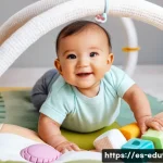 어린이 연령별 추천 학습 완구 - A cozy nursery scene featuring a smiling baby wearing a diaper, surrounded by a variety of sensory t...