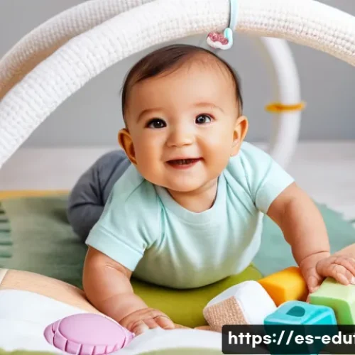 어린이 연령별 추천 학습 완구 - A cozy nursery scene featuring a smiling baby wearing a diaper, surrounded by a variety of sensory t...