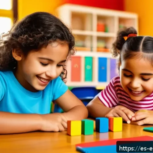 Home 30 수학 학습 보조 완구 추천 - A bright, colorful classroom scene featuring a group of young Hispanic children aged 4-7 playing wit...