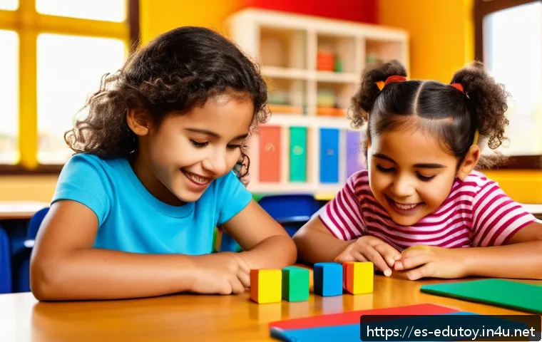 수학 학습 보조 완구 추천 - A bright, colorful classroom scene featuring a group of young Hispanic children aged 4-7 playing wit...