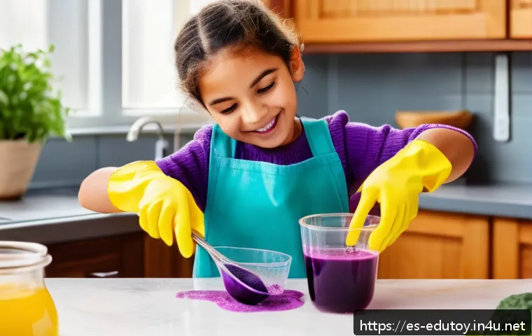 과학 학습을 위한 DIY 키트 - A bright, cozy kitchen scene where a smiling Hispanic child wearing colorful clothes and safety glov...