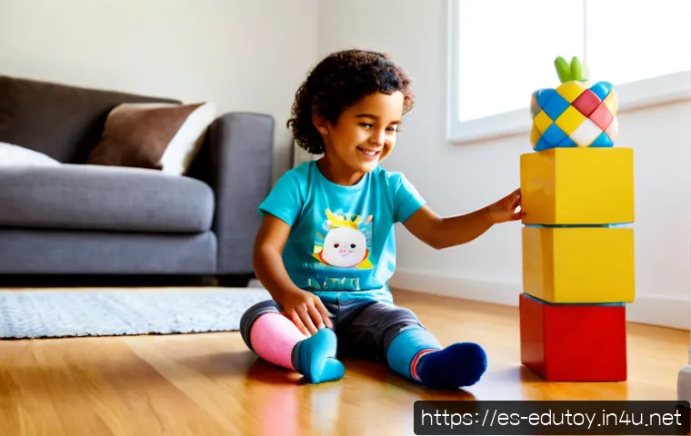 유아 발달단계와 교육완구의 선택 - Photorealistic bright family playroom in a Spanish-speaking home, a smiling toddler wearing comforta...